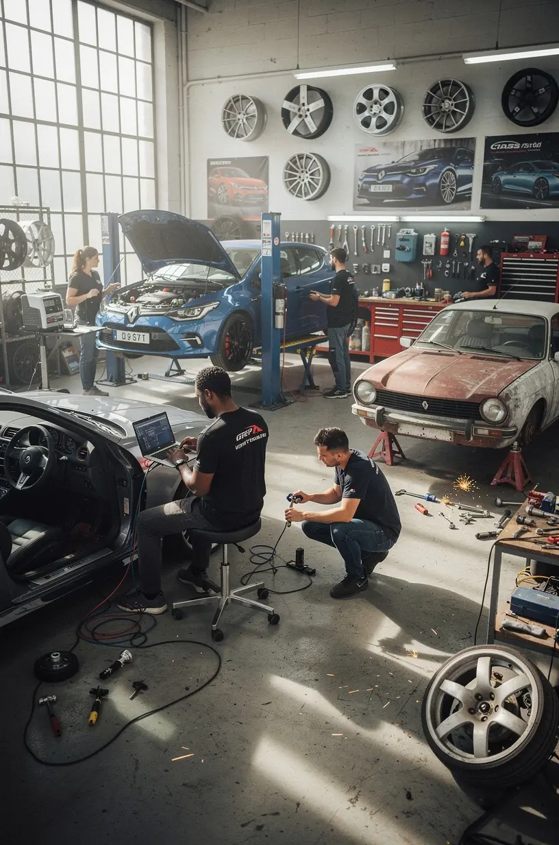 Voiture élégante avec carrosserie personnalisée exposée dans un studio de tuning automobile français.