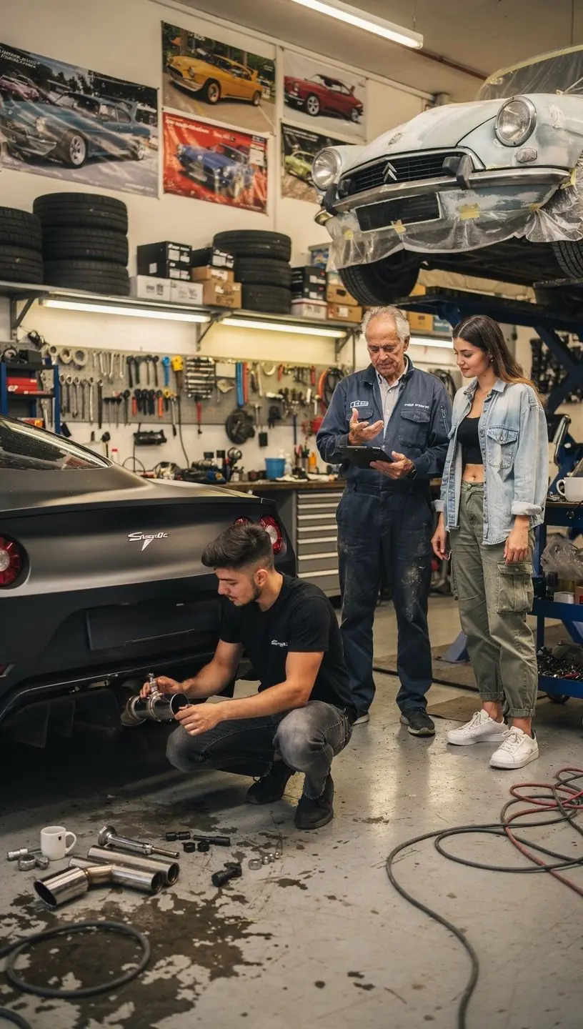 Mécanicien vérifiant les réglages de suspension sportive dans un atelier de tuning en France.