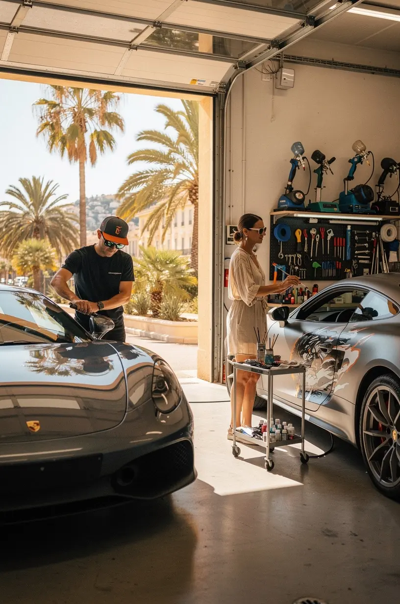 Exemple de jantes aluminium sur mesure installées sur un véhicule dans un studio de personnalisation auto.