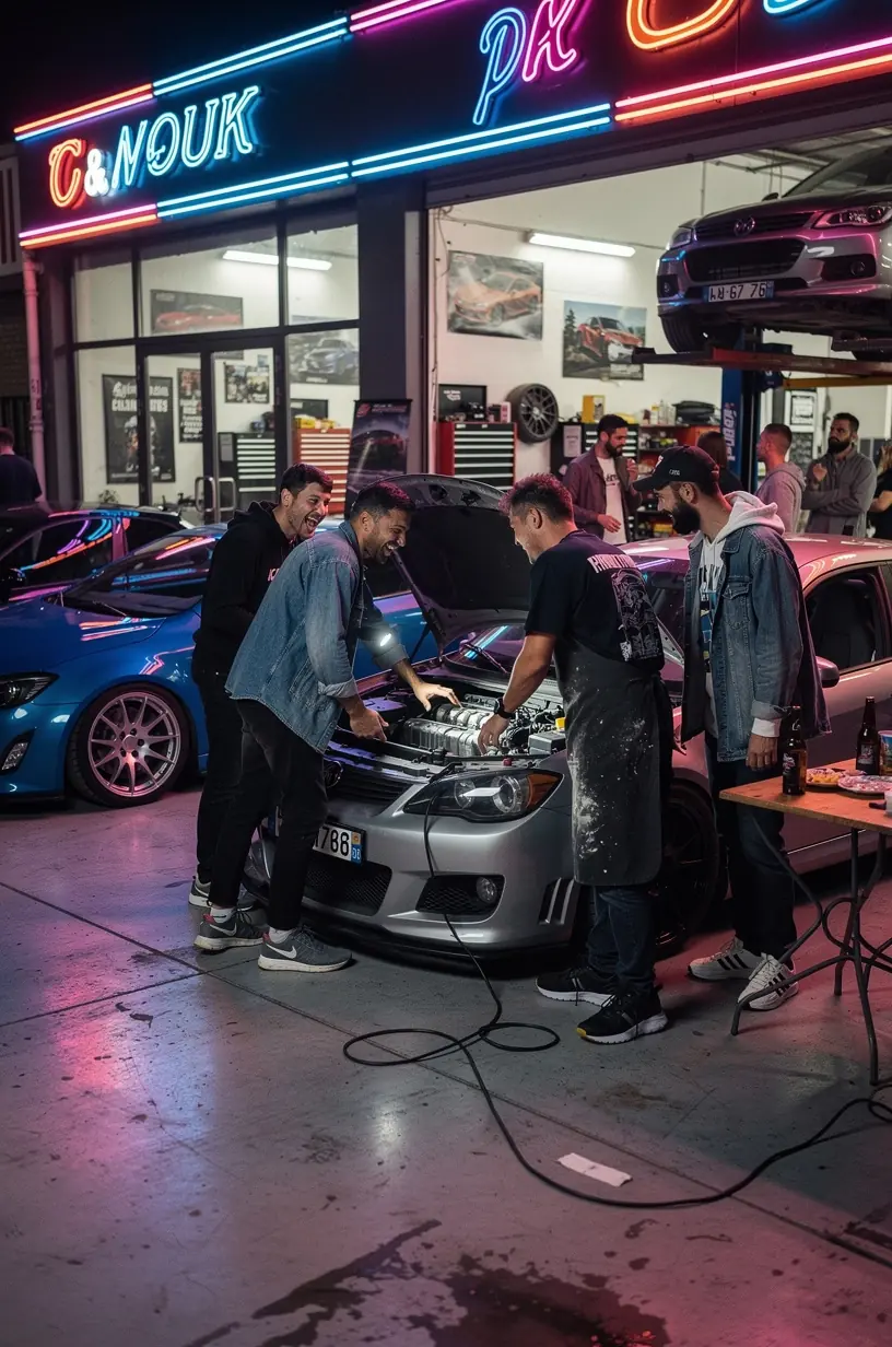 Vue rapprochée d’un système d’échappement personnalisé prêt à améliorer les performances d’une voiture.